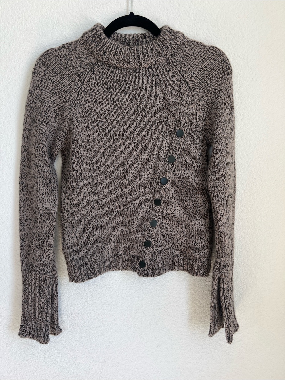 Zara Taupe Marled Crewneck Sweater with Diagonal Button Trim - Picture 3 of 5